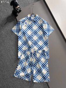 [국내배송]버버리 블루 체크 반팔 셔츠 & 팬츠 세트